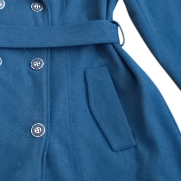 New York & Co. Womens Double-Breasted Wool Blend Teal Classic Trench Coat Belted - Picture 7 of 9